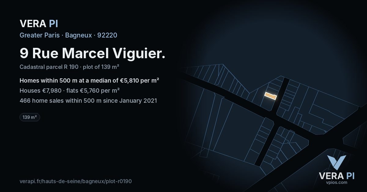 9 Rue Marcel Viguier, Bagneux at night – the plot lit, the parcels around coloured by the prices near them
