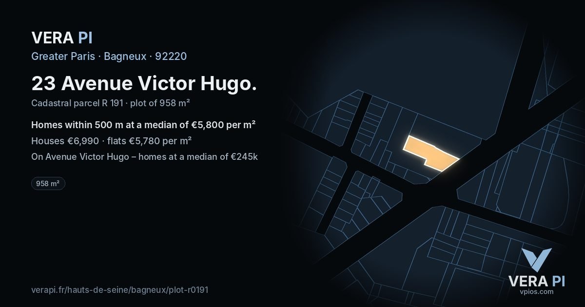 23 Avenue Victor Hugo, Bagneux at night – the plot lit, the parcels around coloured by the prices near them