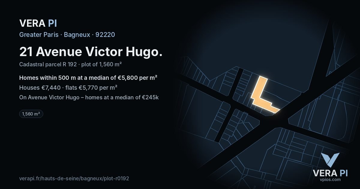 21 Avenue Victor Hugo, Bagneux at night – the plot lit, the parcels around coloured by the prices near them