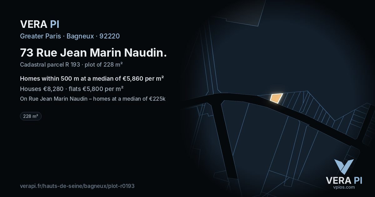 73 Rue Jean Marin Naudin, Bagneux at night – the plot lit, the parcels around coloured by the prices near them