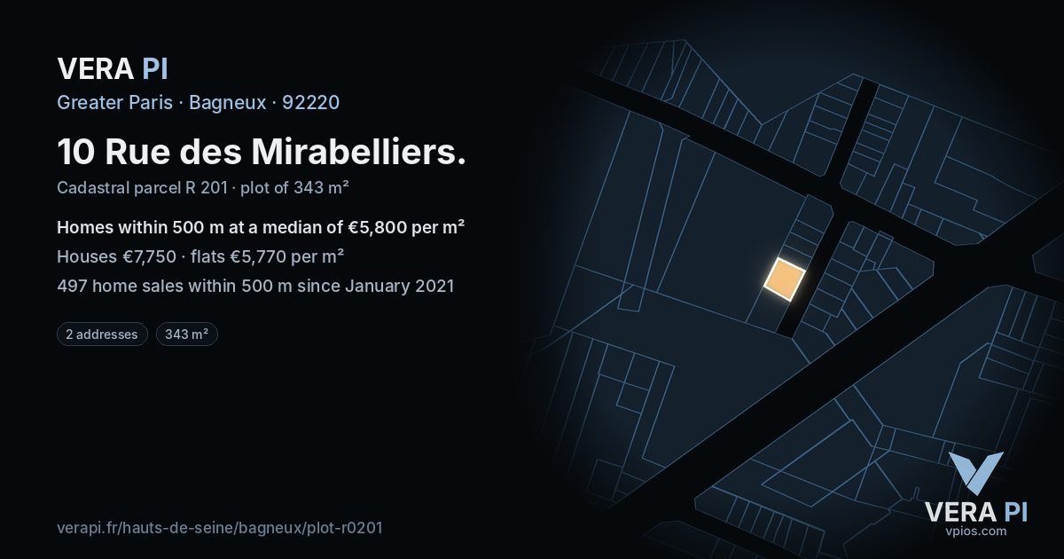 10 Rue des Mirabelliers, Bagneux at night – the plot lit, the parcels around coloured by the prices near them