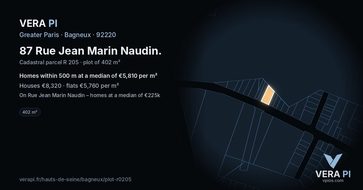 87 Rue Jean Marin Naudin, Bagneux at night – the plot lit, the parcels around coloured by the prices near them