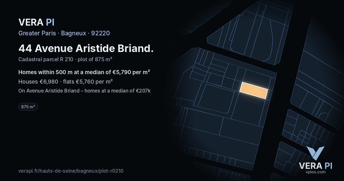 44 Avenue Aristide Briand, Bagneux at night – the plot lit, the parcels around coloured by the prices near them