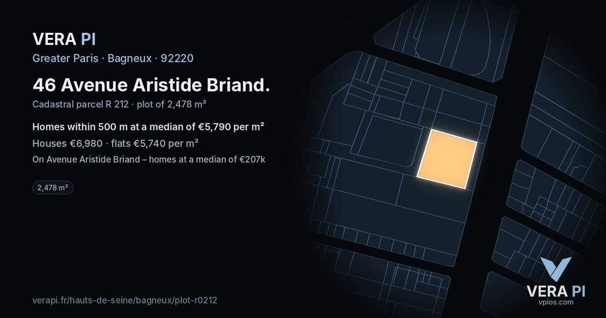46 Avenue Aristide Briand, Bagneux at night – the plot lit, the parcels around coloured by the prices near them