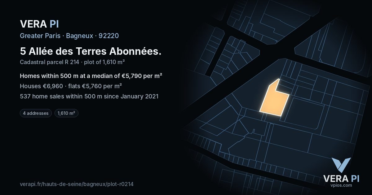 5 Allée des Terres Abonnées, Bagneux at night – the plot lit, the parcels around coloured by the prices near them