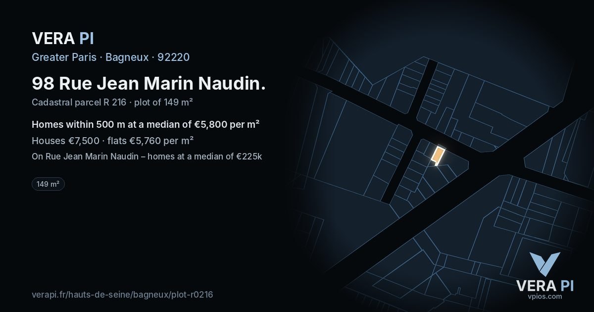 98 Rue Jean Marin Naudin, Bagneux at night – the plot lit, the parcels around coloured by the prices near them