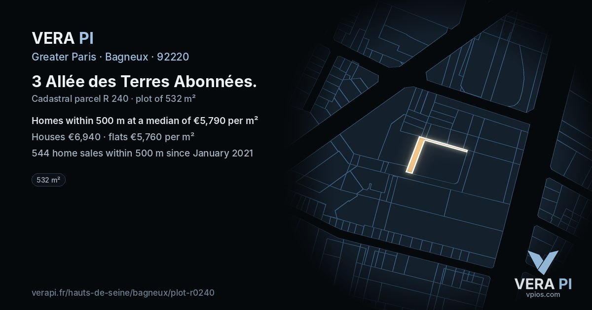 3 Allée des Terres Abonnées, Bagneux at night – the plot lit, the parcels around coloured by the prices near them