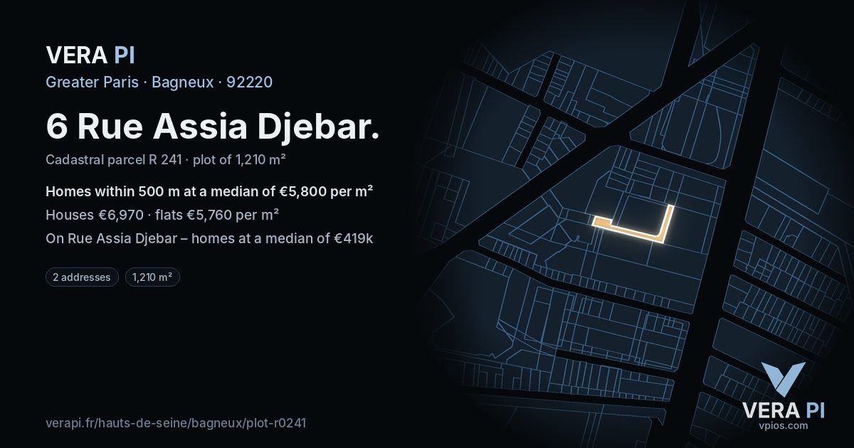 6 Rue Assia Djebar, Bagneux at night – the plot lit, the parcels around coloured by the prices near them