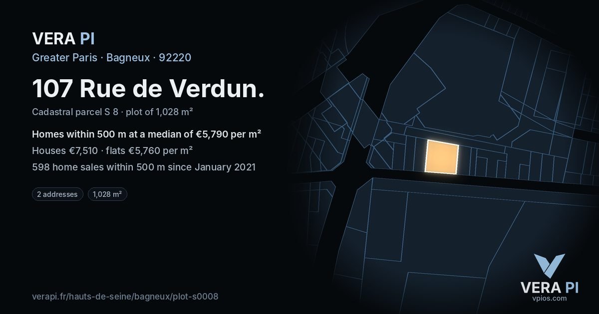 107 Rue de Verdun, Bagneux at night – the plot lit, the parcels around coloured by the prices near them