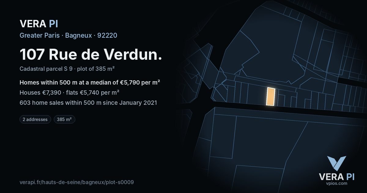 107 Rue de Verdun, Bagneux at night – the plot lit, the parcels around coloured by the prices near them