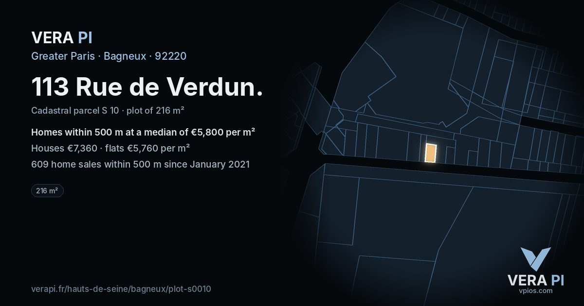 113 Rue de Verdun, Bagneux at night – the plot lit, the parcels around coloured by the prices near them