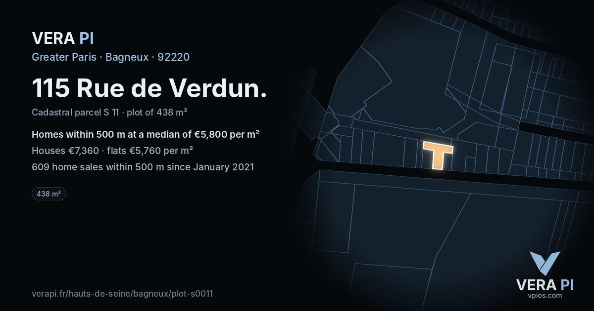 115 Rue de Verdun, Bagneux at night – the plot lit, the parcels around coloured by the prices near them