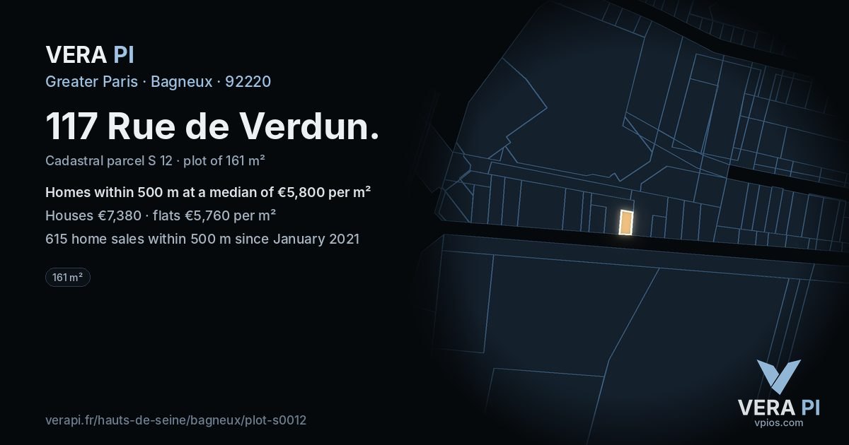 117 Rue de Verdun, Bagneux at night – the plot lit, the parcels around coloured by the prices near them