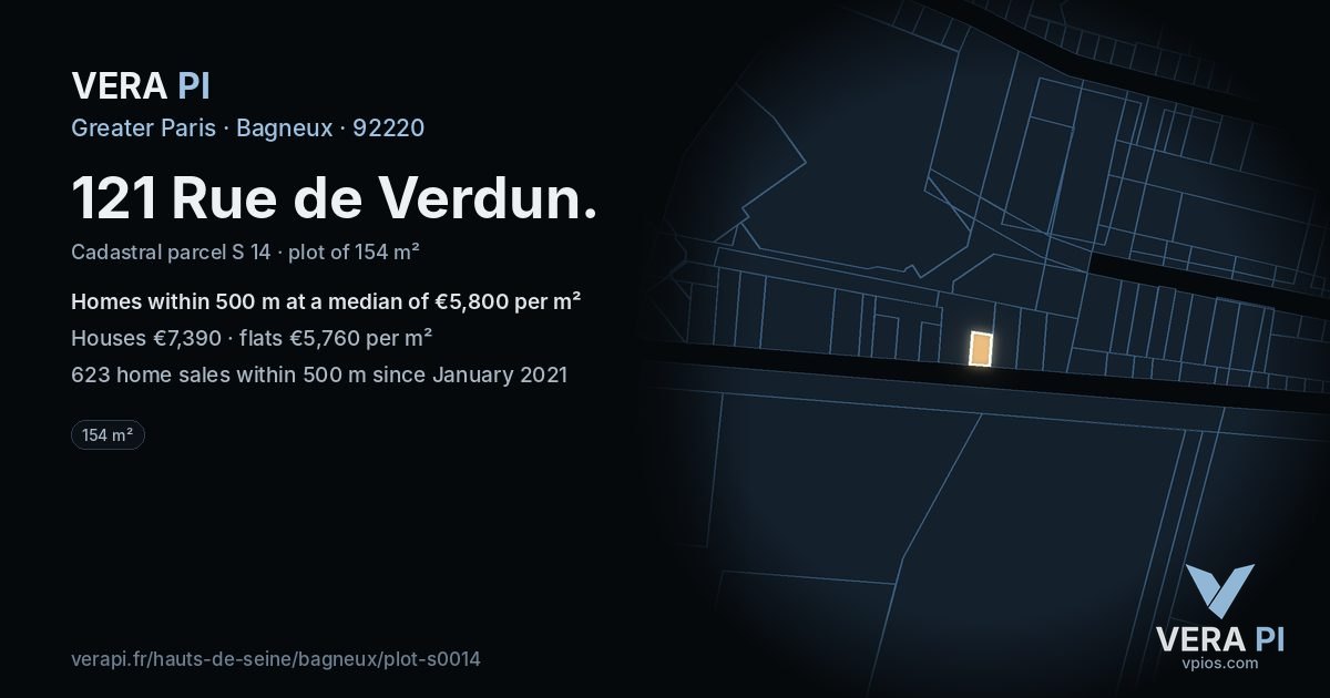 121 Rue de Verdun, Bagneux at night – the plot lit, the parcels around coloured by the prices near them