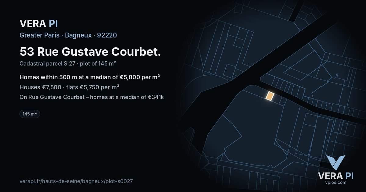 53 Rue Gustave Courbet, Bagneux at night – the plot lit, the parcels around coloured by the prices near them