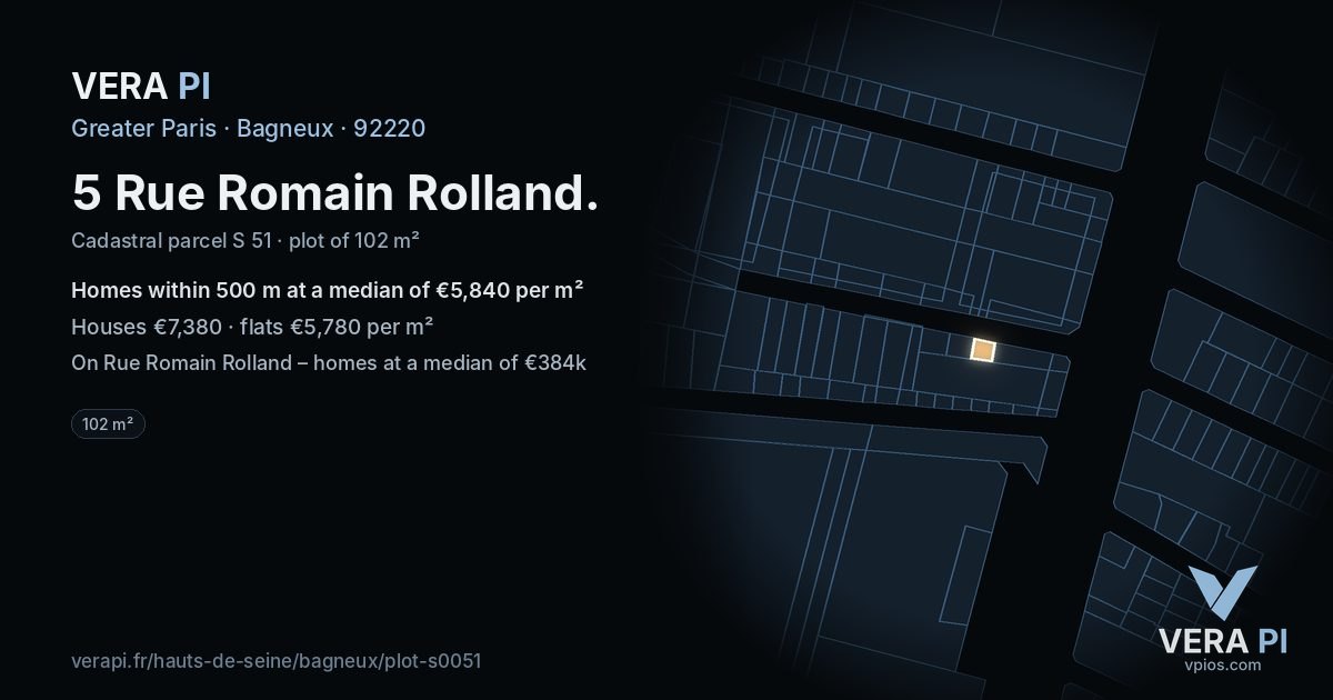 5 Rue Romain Rolland, Bagneux at night – the plot lit, the parcels around coloured by the prices near them