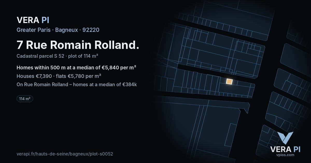 7 Rue Romain Rolland, Bagneux at night – the plot lit, the parcels around coloured by the prices near them