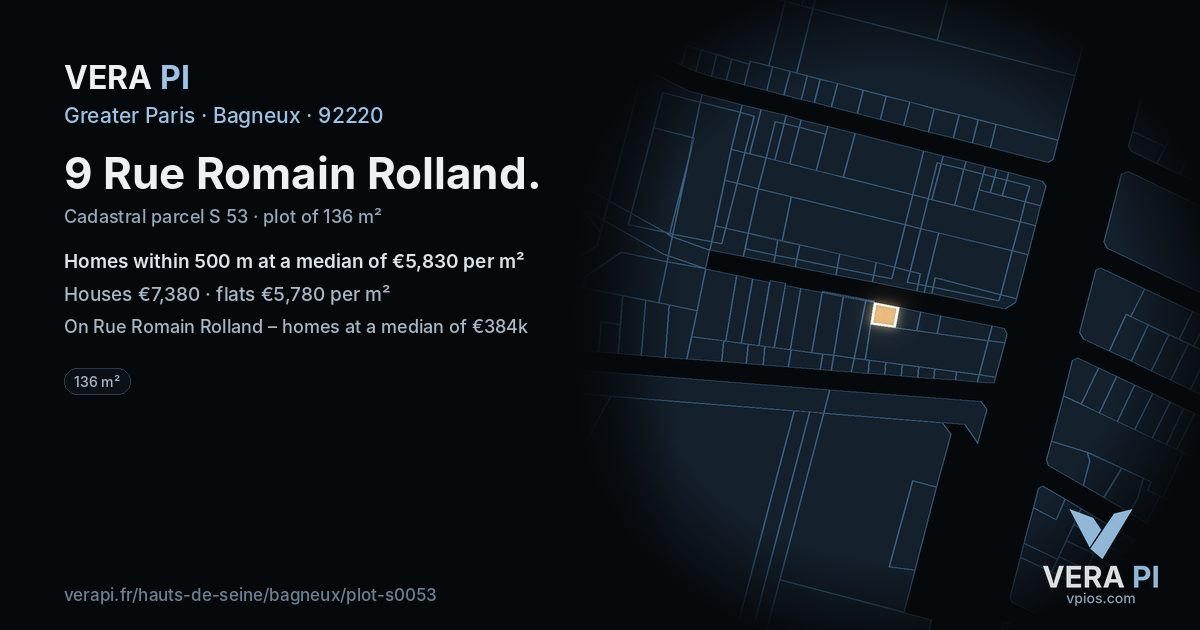 9 Rue Romain Rolland, Bagneux at night – the plot lit, the parcels around coloured by the prices near them