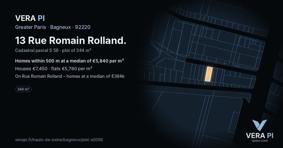 13 Rue Romain Rolland, Bagneux at night – the plot lit, the parcels around coloured by the prices near them