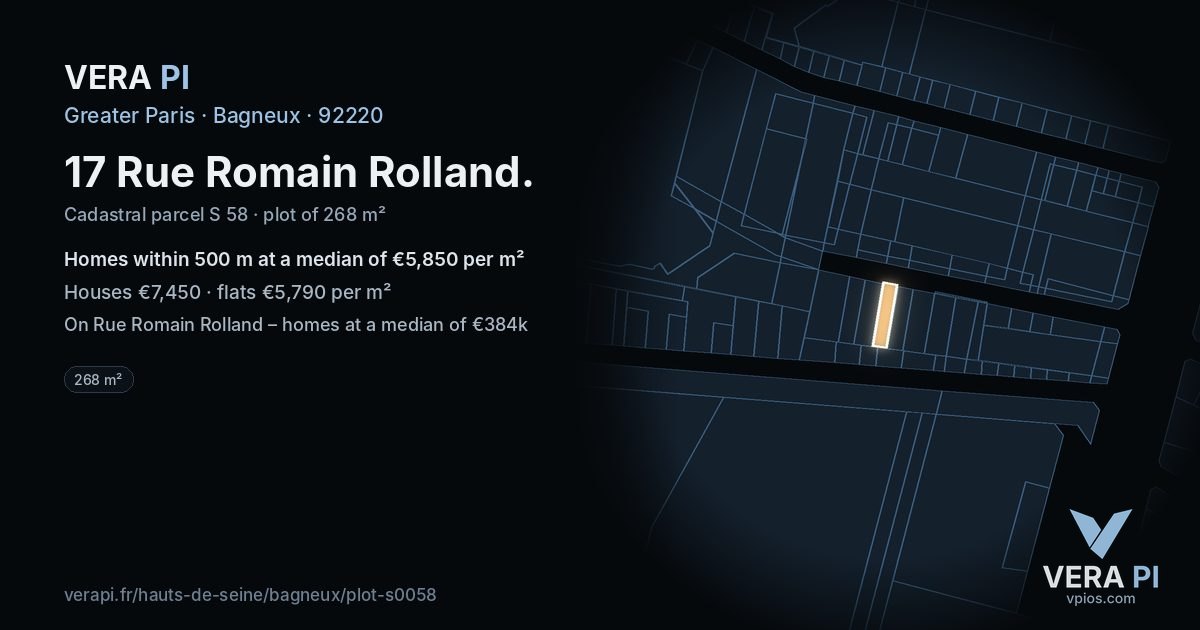17 Rue Romain Rolland, Bagneux at night – the plot lit, the parcels around coloured by the prices near them