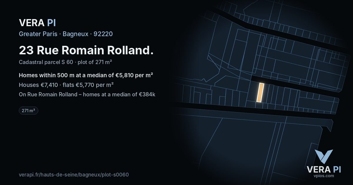 23 Rue Romain Rolland, Bagneux at night – the plot lit, the parcels around coloured by the prices near them