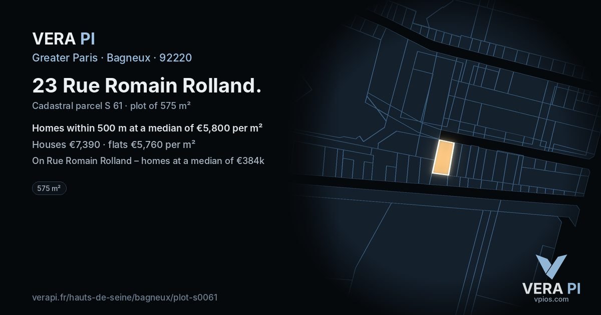 23 Rue Romain Rolland, Bagneux at night – the plot lit, the parcels around coloured by the prices near them