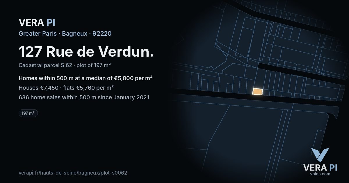 127 Rue de Verdun, Bagneux at night – the plot lit, the parcels around coloured by the prices near them