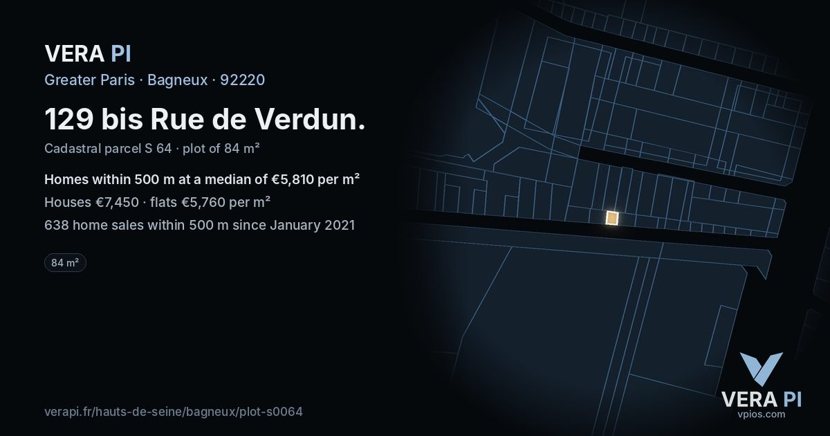 129 bis Rue de Verdun, Bagneux at night – the plot lit, the parcels around coloured by the prices near them