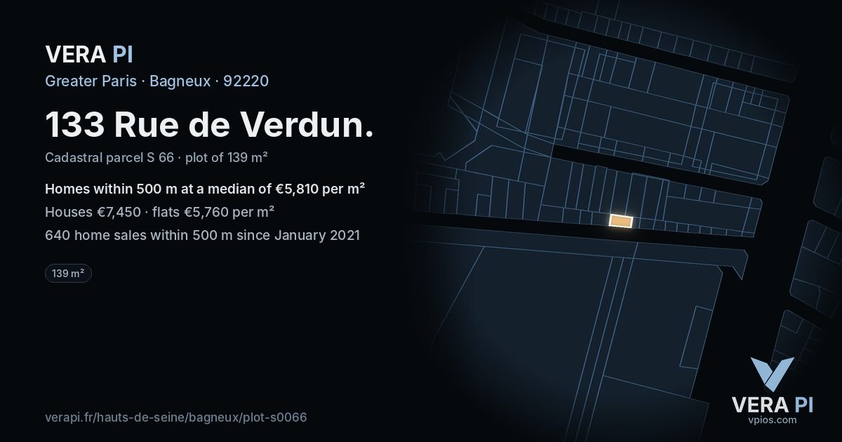 133 Rue de Verdun, Bagneux at night – the plot lit, the parcels around coloured by the prices near them