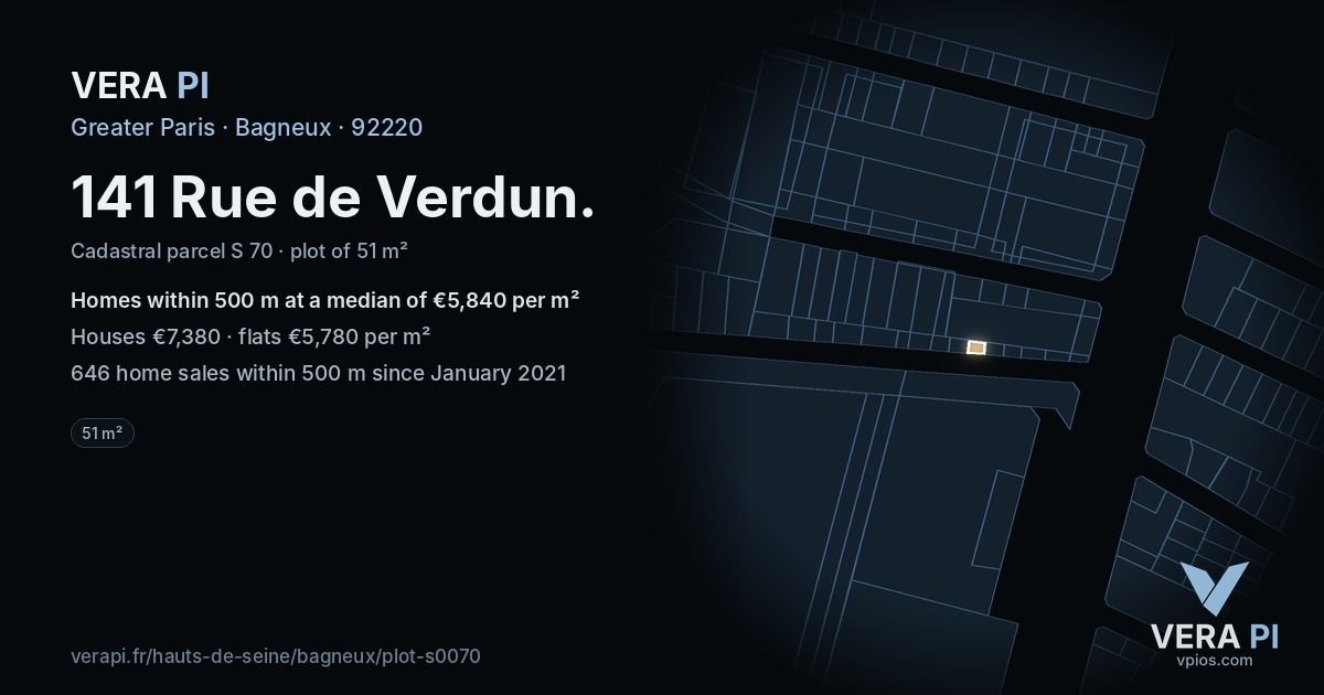 141 Rue de Verdun, Bagneux at night – the plot lit, the parcels around coloured by the prices near them