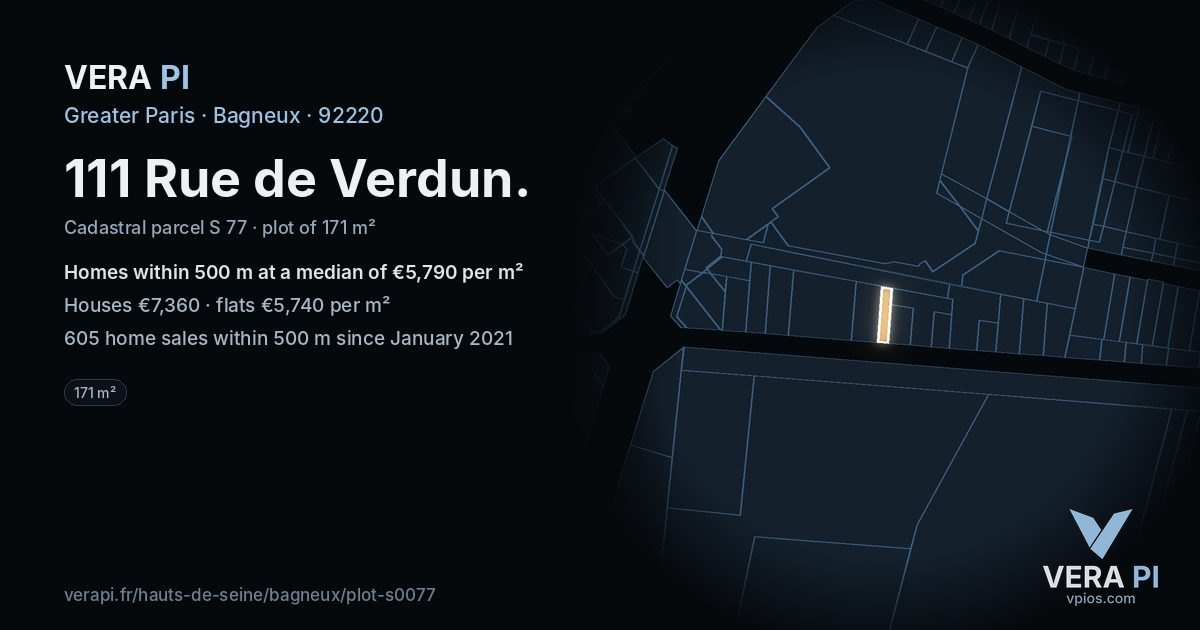 111 Rue de Verdun, Bagneux at night – the plot lit, the parcels around coloured by the prices near them