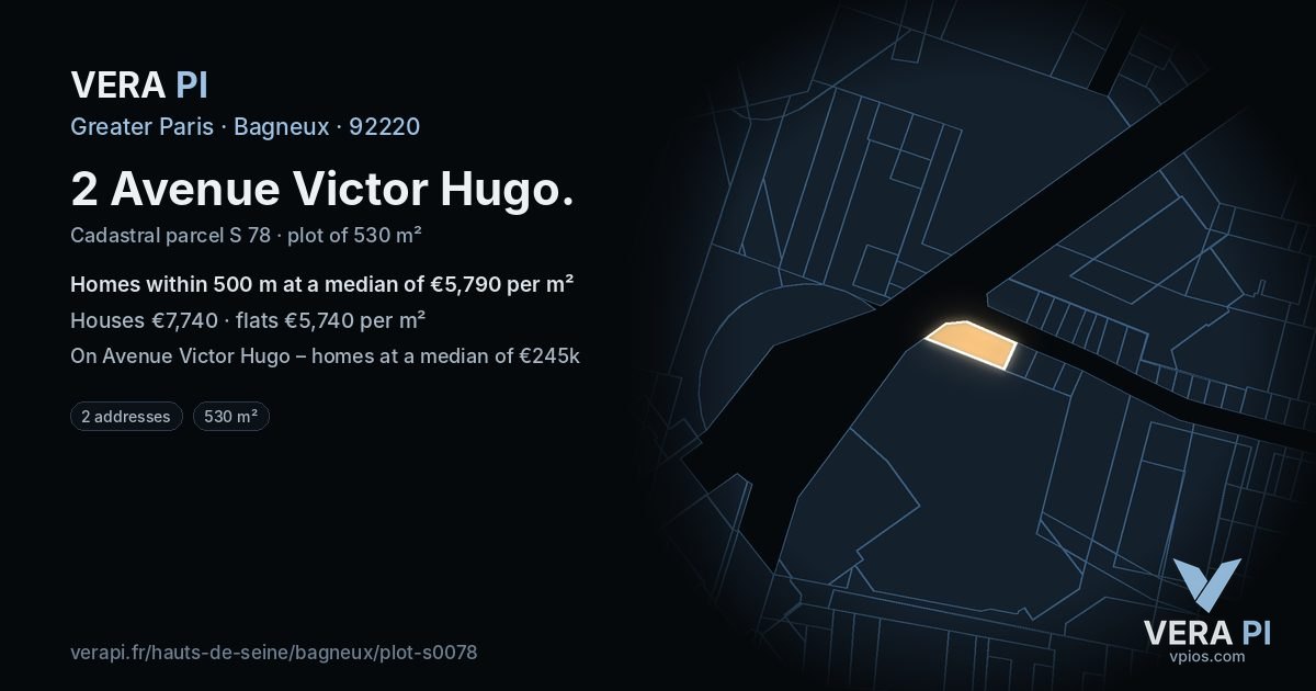 2 Avenue Victor Hugo, Bagneux at night – the plot lit, the parcels around coloured by the prices near them