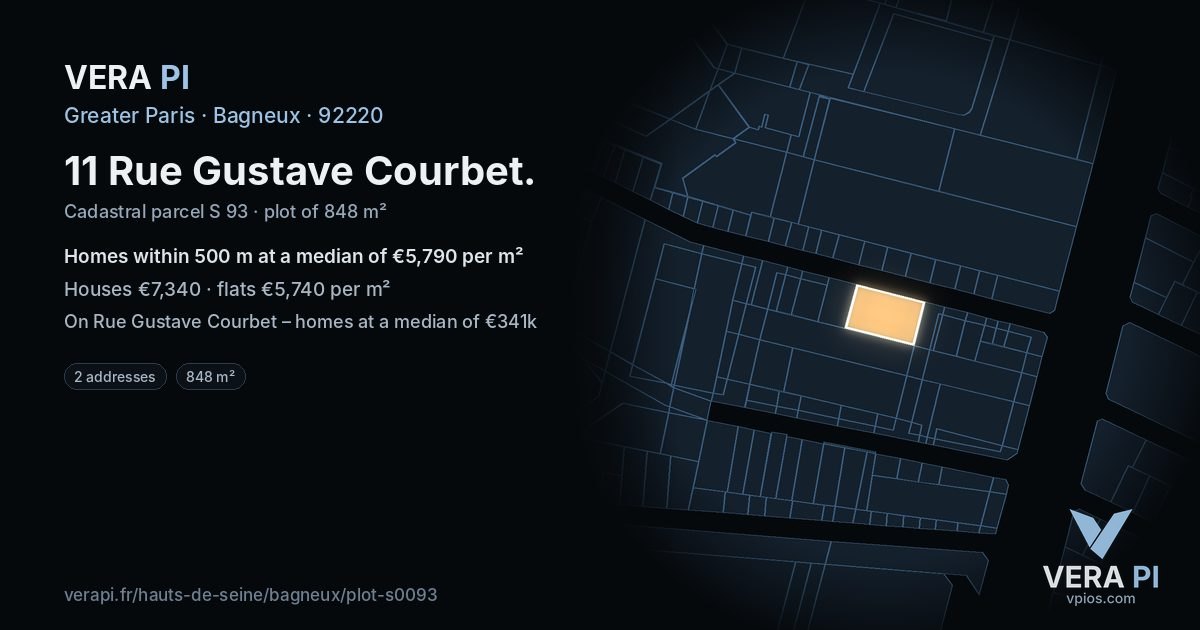 11 Rue Gustave Courbet, Bagneux at night – the plot lit, the parcels around coloured by the prices near them
