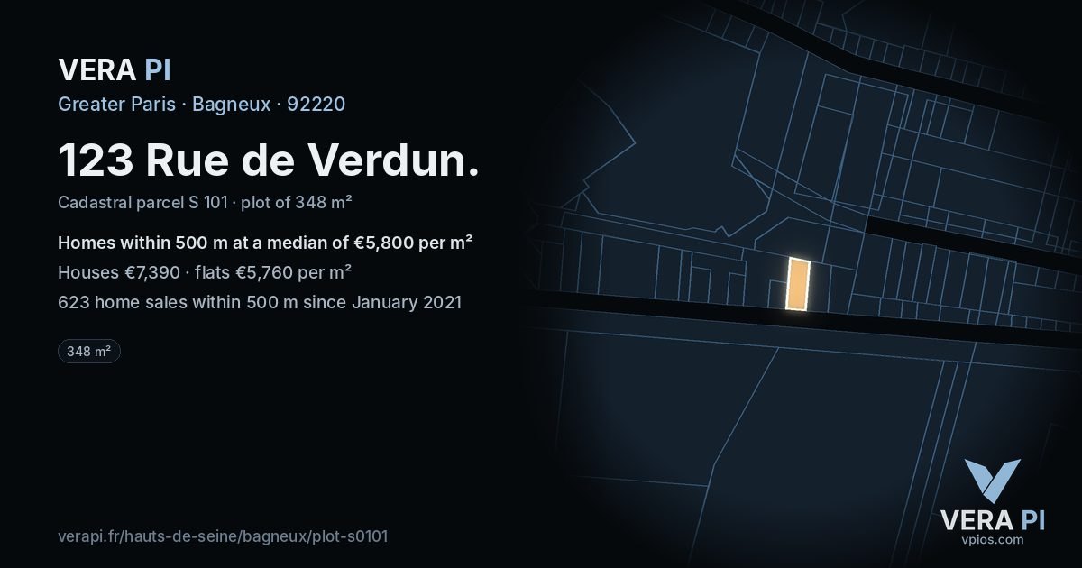 123 Rue de Verdun, Bagneux at night – the plot lit, the parcels around coloured by the prices near them