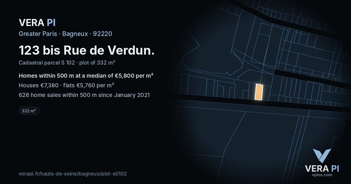 123 bis Rue de Verdun, Bagneux at night – the plot lit, the parcels around coloured by the prices near them