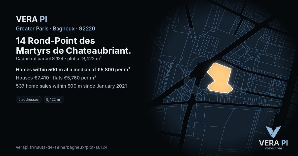 14 Rond-Point des Martyrs de Chateaubriant, Bagneux at night – the plot lit, the parcels around coloured by the prices near them