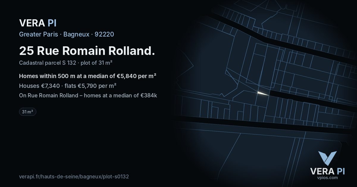 25 Rue Romain Rolland, Bagneux at night – the plot lit, the parcels around coloured by the prices near them