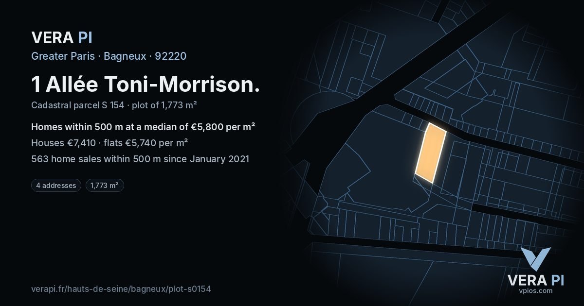1 Allée Toni-Morrison, Bagneux at night – the plot lit, the parcels around coloured by the prices near them