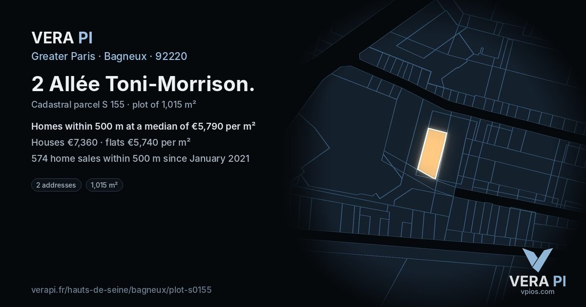 2 Allée Toni-Morrison, Bagneux at night – the plot lit, the parcels around coloured by the prices near them