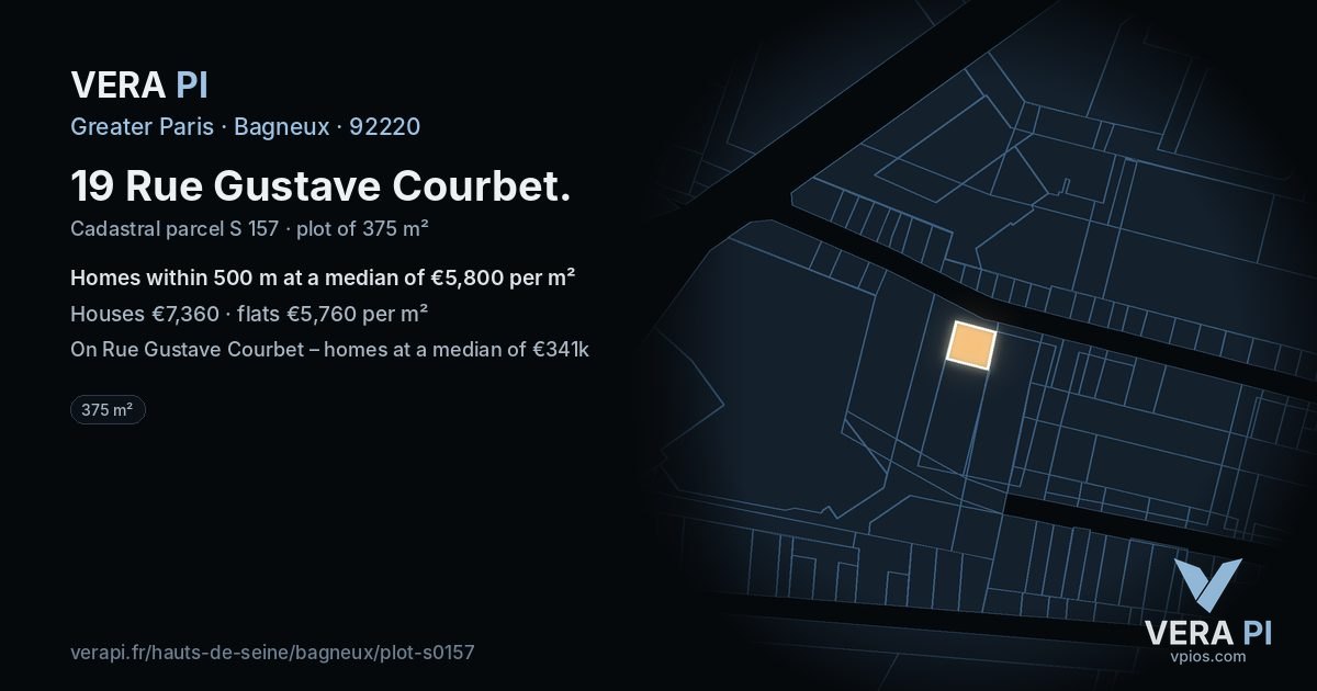 19 Rue Gustave Courbet, Bagneux at night – the plot lit, the parcels around coloured by the prices near them