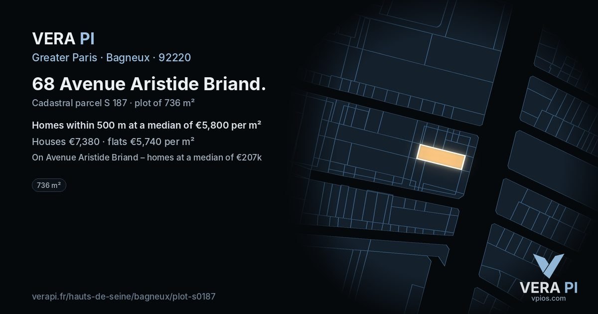 68 Avenue Aristide Briand, Bagneux at night – the plot lit, the parcels around coloured by the prices near them