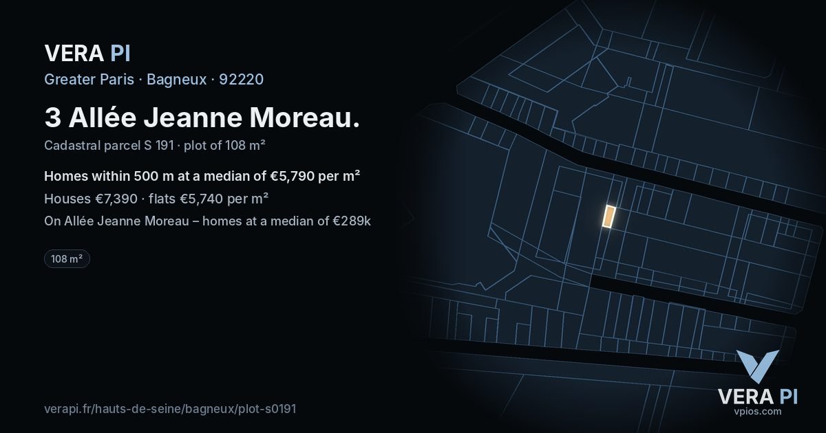 3 Allée Jeanne Moreau, Bagneux at night – the plot lit, the parcels around coloured by the prices near them