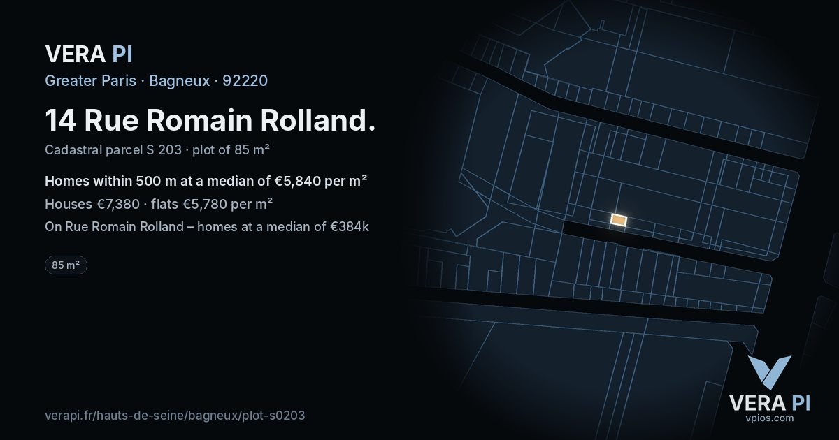 14 Rue Romain Rolland, Bagneux at night – the plot lit, the parcels around coloured by the prices near them