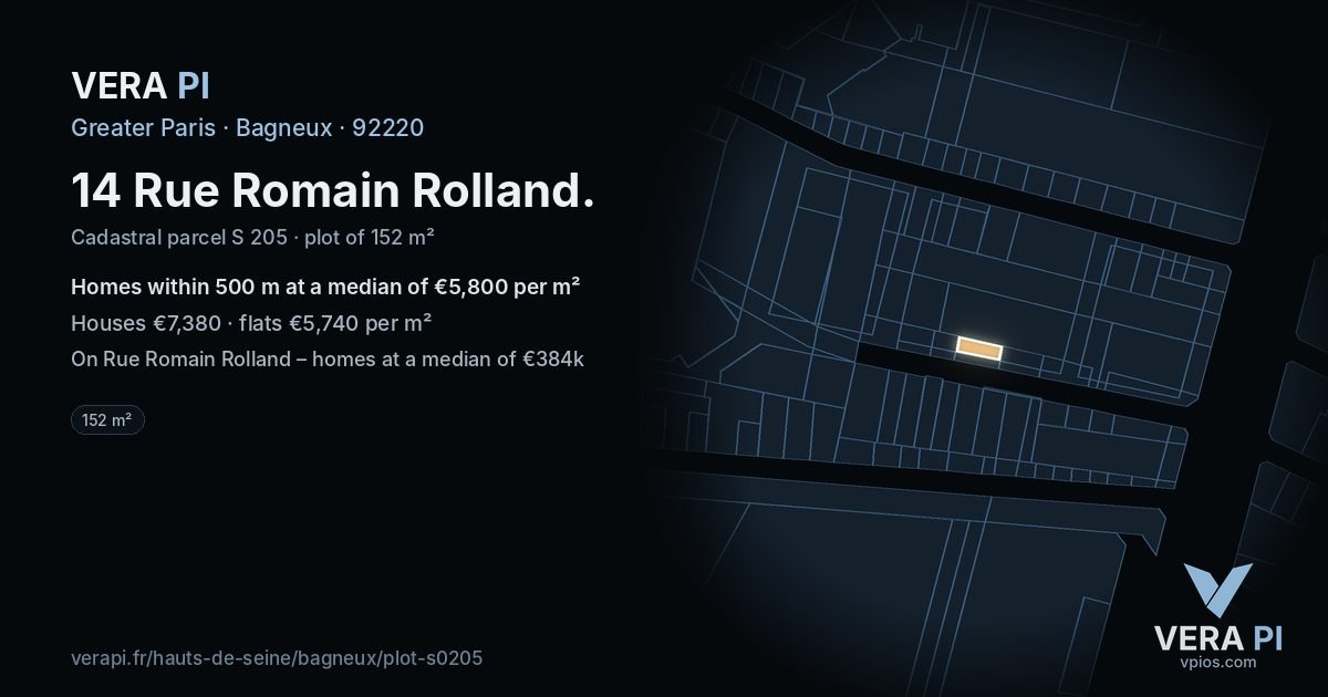 14 Rue Romain Rolland, Bagneux at night – the plot lit, the parcels around coloured by the prices near them