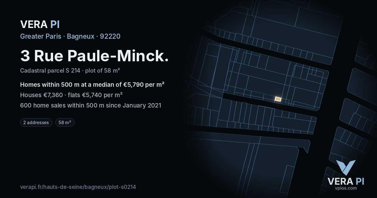 3 Rue Paule-Minck, Bagneux at night – the plot lit, the parcels around coloured by the prices near them