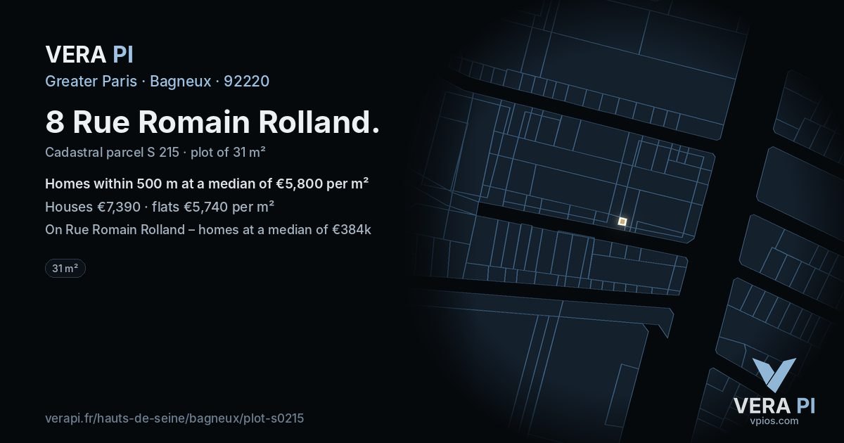 8 Rue Romain Rolland, Bagneux at night – the plot lit, the parcels around coloured by the prices near them