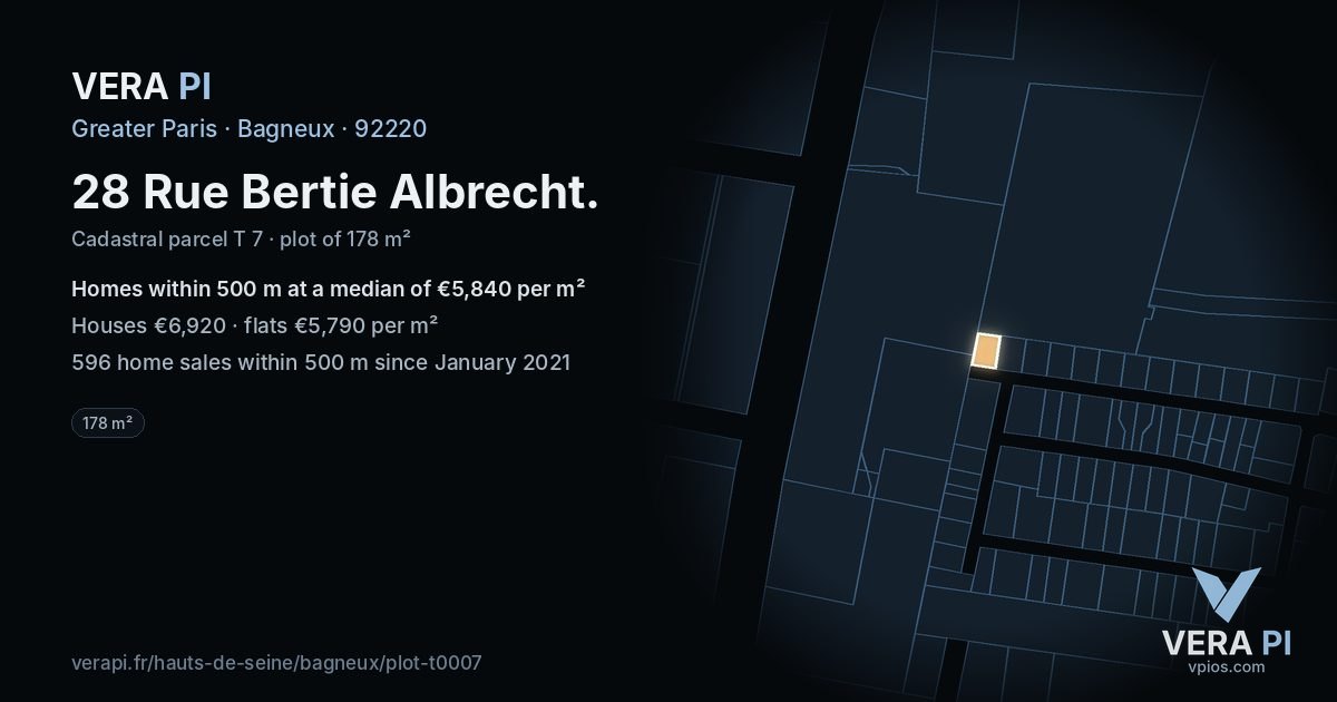 28 Rue Bertie Albrecht, Bagneux at night – the plot lit, the parcels around coloured by the prices near them