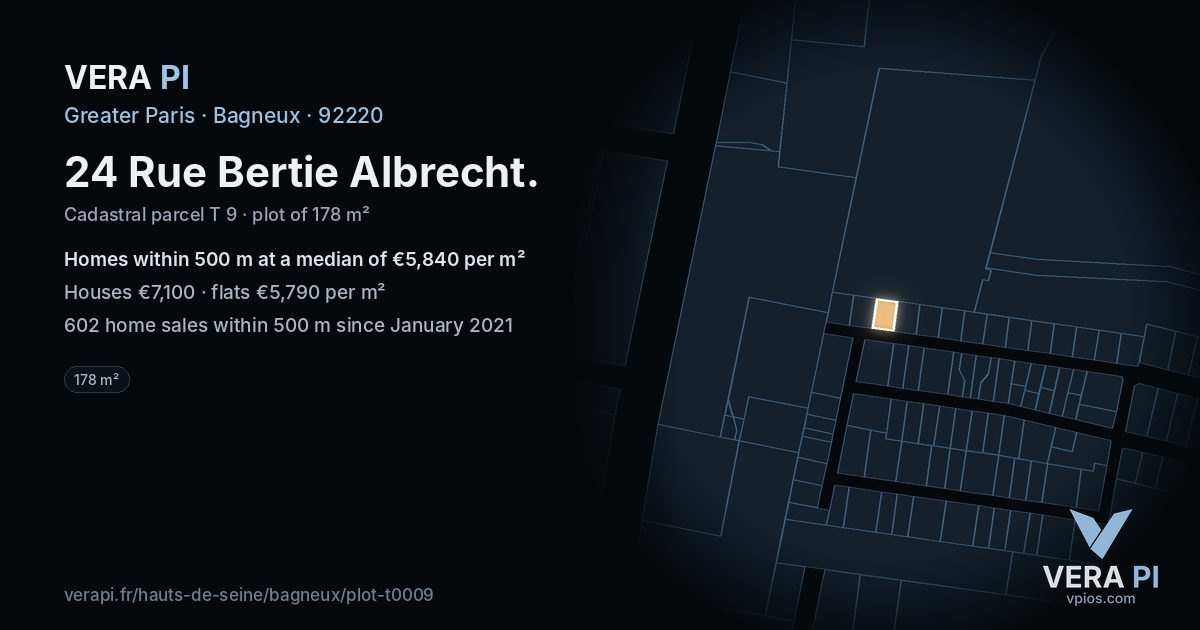 24 Rue Bertie Albrecht, Bagneux at night – the plot lit, the parcels around coloured by the prices near them