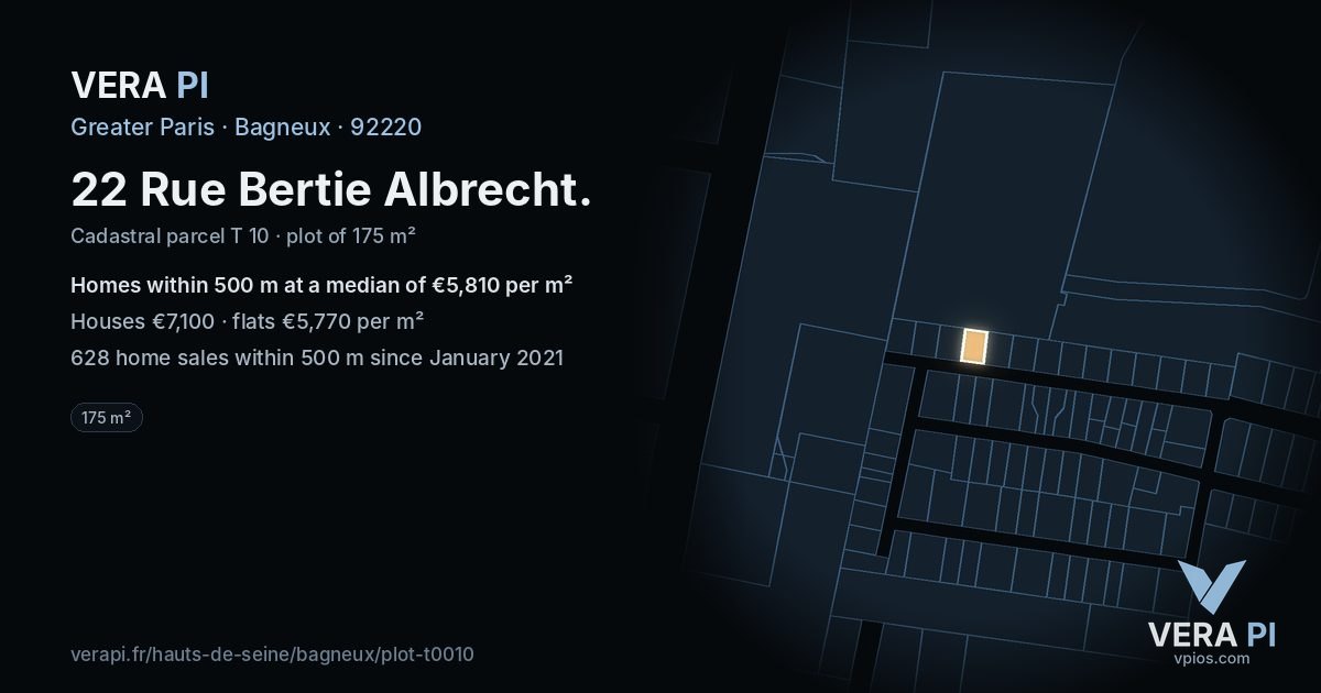 22 Rue Bertie Albrecht, Bagneux at night – the plot lit, the parcels around coloured by the prices near them