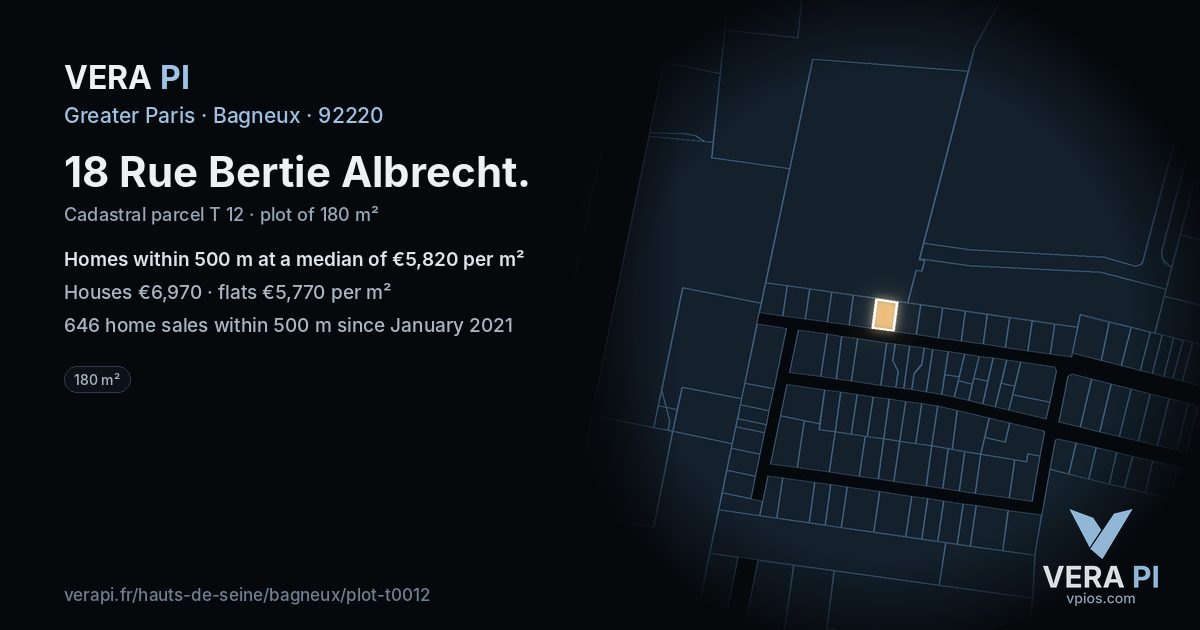 18 Rue Bertie Albrecht, Bagneux at night – the plot lit, the parcels around coloured by the prices near them